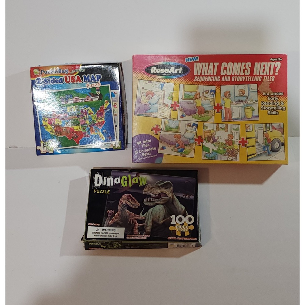 Lot of 3 DinoGlow Puzzle, Puzzle Bug Learning, Rose Art What Comes Next Tiles